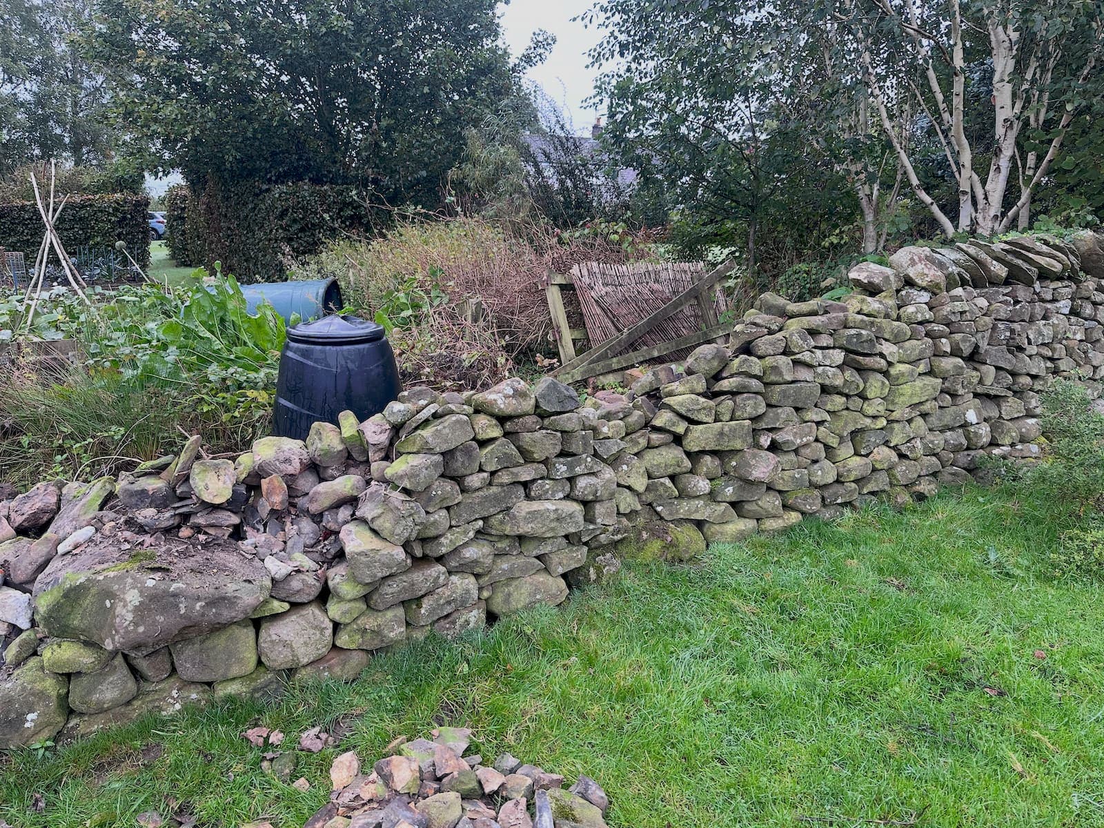 Failing dry stone garden boundary